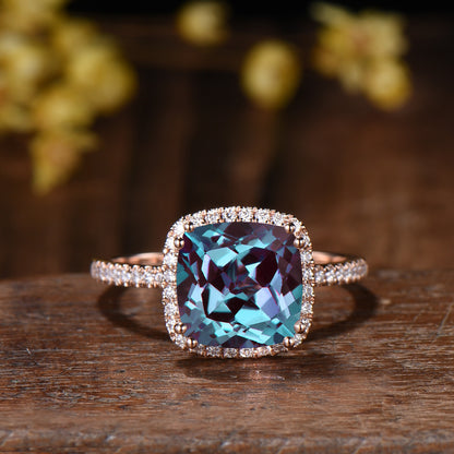 3ct Cushion Alexandrite Engagement Ring Set, 14k Rose Gold Halo Diamond Bridal Ring, Art Deco Full Eternity Milgrain Band