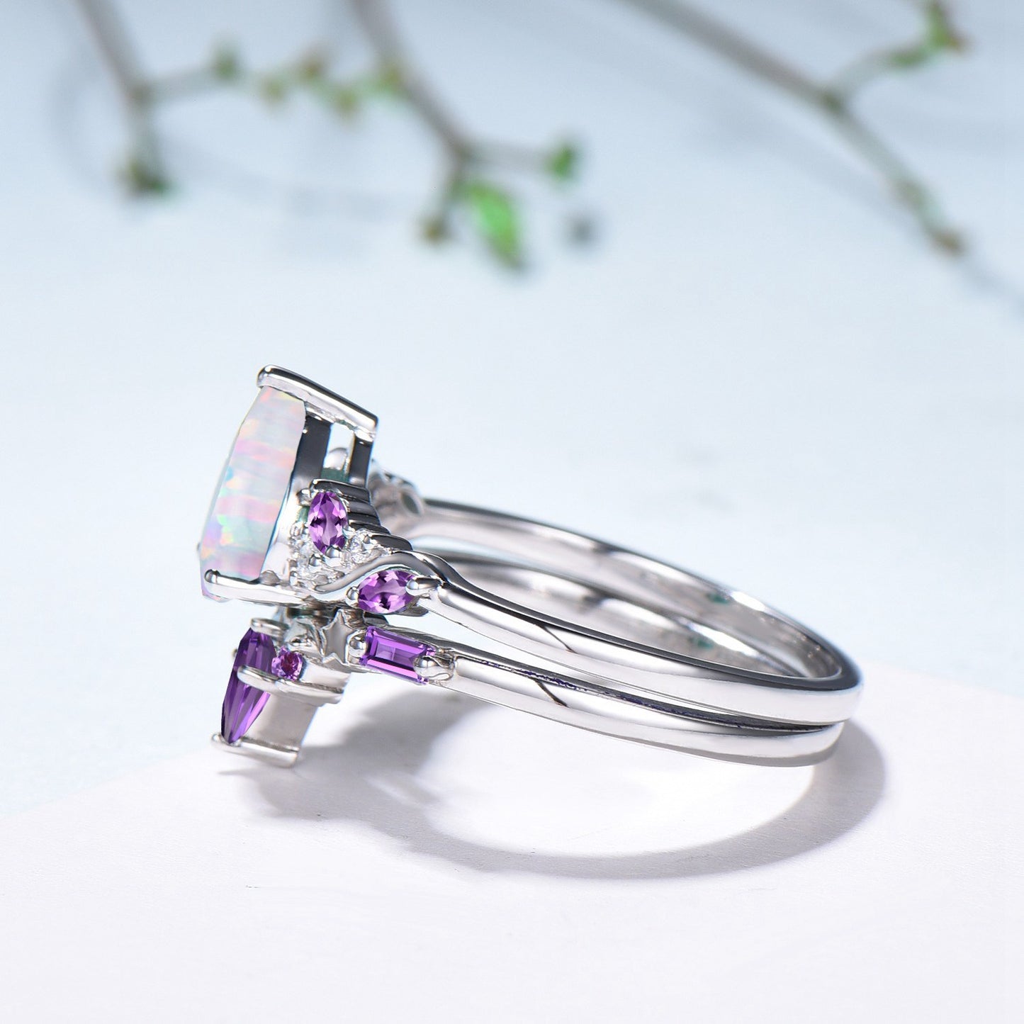 Pear Shaped White Opal Engagement Ring Set: Enchanted Moonlit Opal & Amethyst Set - PENFINE