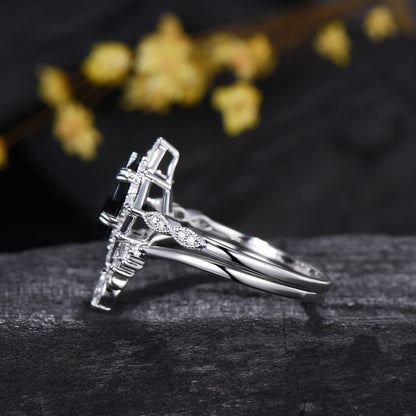 2CT Art deco princess cut black onyx engagement ring set