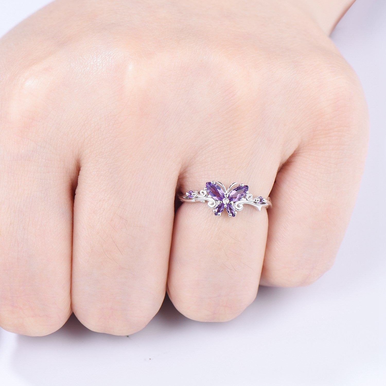 Unique Butterfly wedding ring vintage marquise amethyst engagement ring purple crystal silver white gold custom anniversary gift  for women - PENFINE