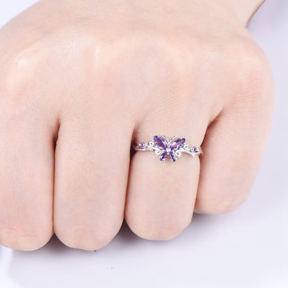 Unique Butterfly wedding ring vintage marquise amethyst engagement ring purple crystal silver white gold custom anniversary gift  for women - PENFINE
