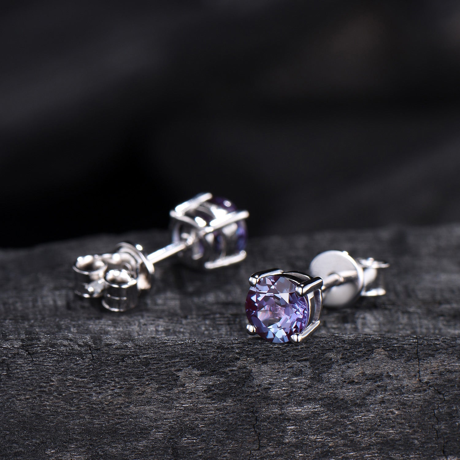 Solitaire Round Cut Alexandrite Stud Earrings Round Prongs