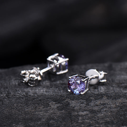 Solitaire Round Cut Alexandrite Stud Earrings Round Prongs