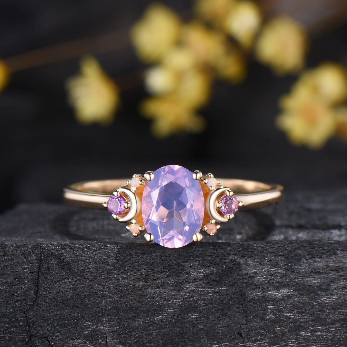 Vintage Lavender Amethyst Ring Unique Nature Inspired Purple Crystal Engagement Ring Cluster Opal Wedding Ring For Women February Birthstone