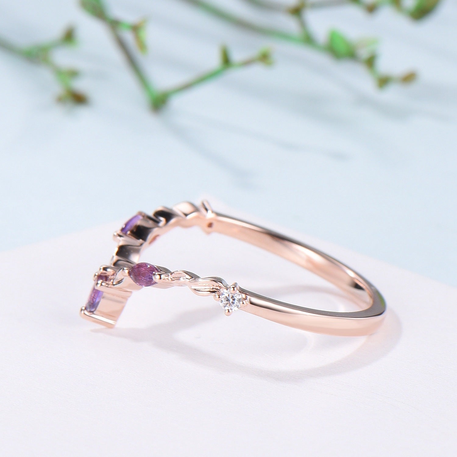 Vintage Curved V amethyst wedding band yellow gold leaf vine matching band purple crystal art deco stacking promise ring anniversary gift - PENFINE