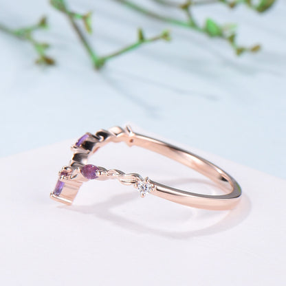 Vintage Curved V amethyst wedding band yellow gold leaf vine matching band purple crystal art deco stacking promise ring anniversary gift - PENFINE