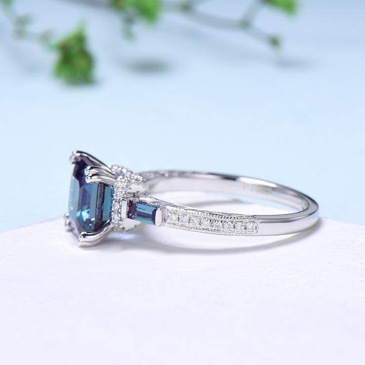 Unique asscher cut alexandrite engagement ring, hidden halo basket setting, 3 stone baguette color change June birthstone anniversary ring - PENFINE