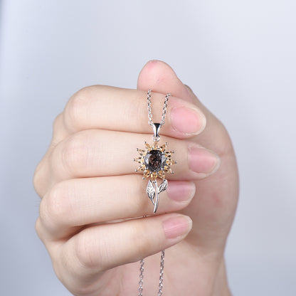Black Rutilated Quartz Sunflower Necklace, Citrine Halo, 14K Gold Floral Pendant - PENFINE
