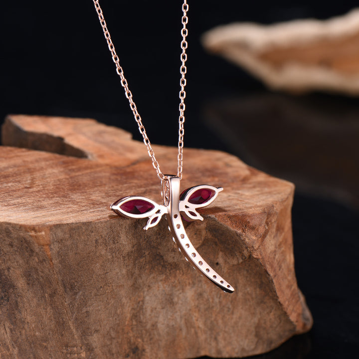 Vintage dragonfly necklace Unique lab red ruby necklace pendant cute silver 14k rose gold July birthstone pendant handmade proposal gifts - PENFINE