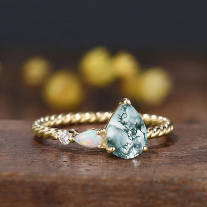 Vintage Moss Agate Opal Ring, 14k Rose Gold Twisted Band, Celestial Wedding Anniversary Gift