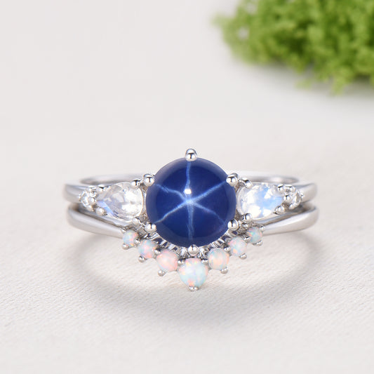 Vintage Star Sapphire Engagement Ring Set, Pear Moonstone & Opal