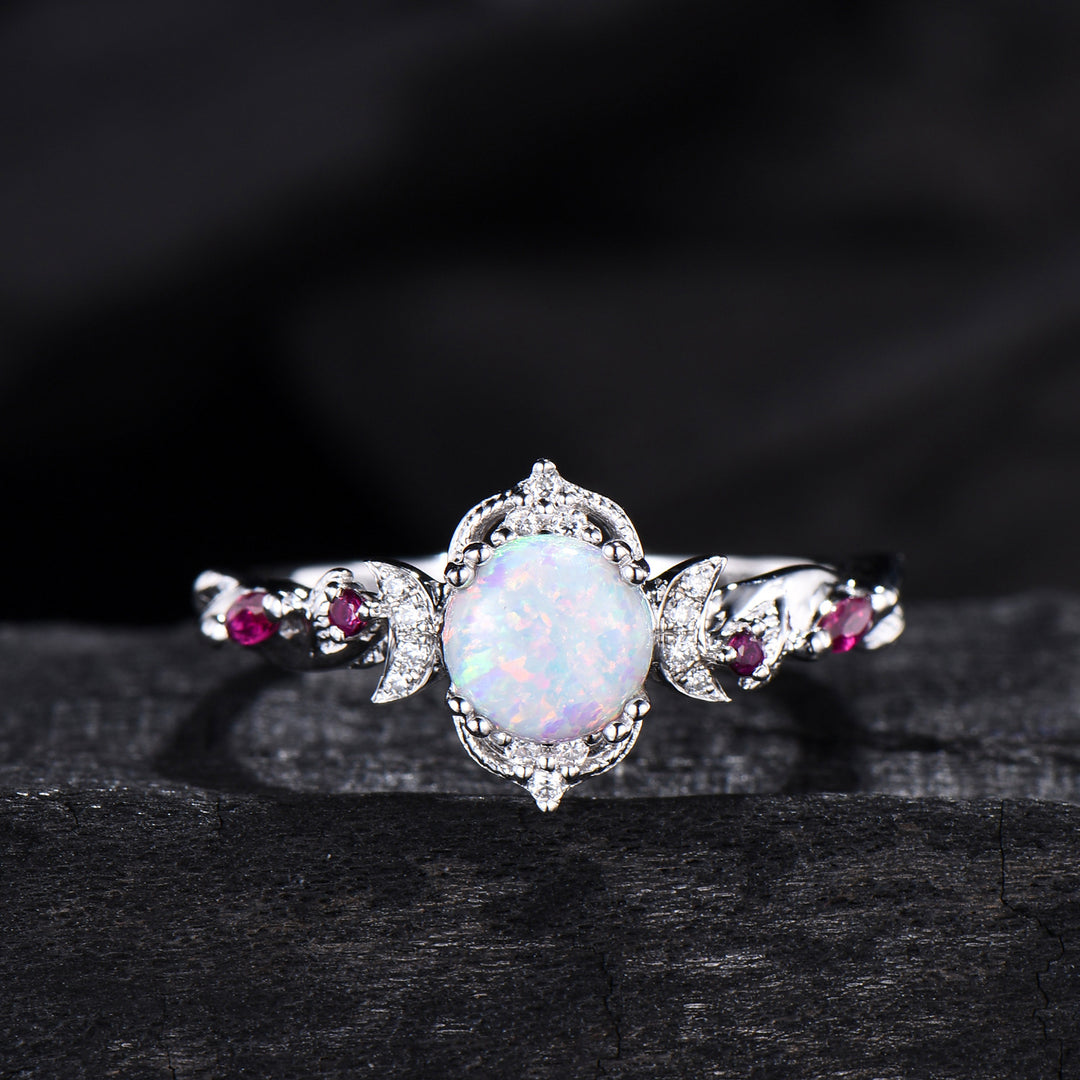Vintage White Opal Ring | Gothic Celestial Crescent Moon & Ruby Accent Design