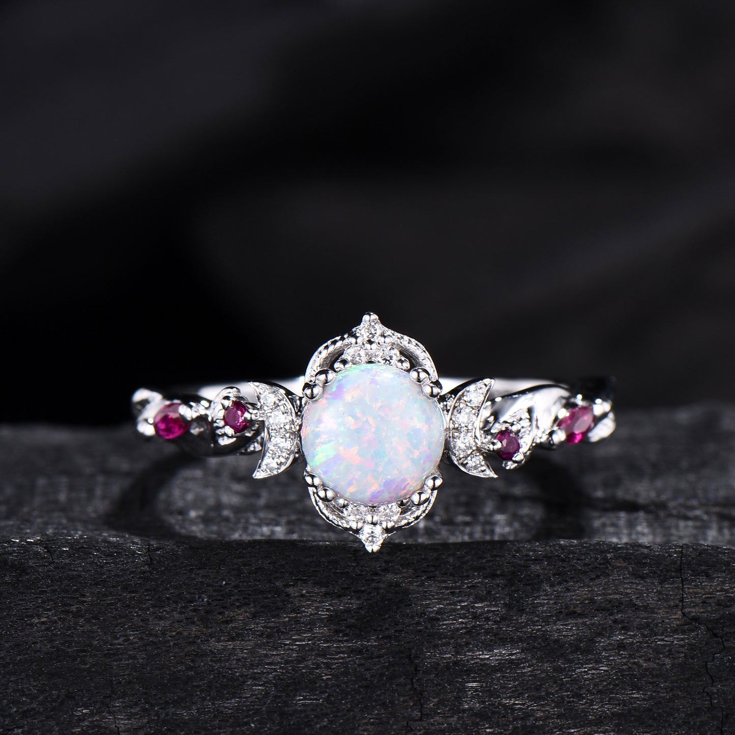 Vintage White Opal Ring | Gothic Celestial Crescent Moon & Ruby Accent Design