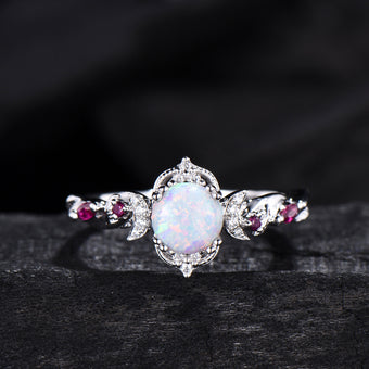 Vintage White Opal Ring | Gothic Celestial Crescent Moon & Ruby Accent Design