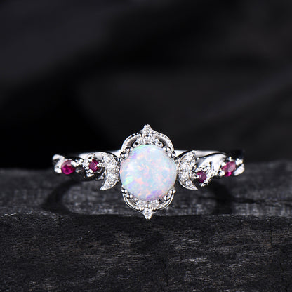 Vintage White Opal Ring | Gothic Celestial Crescent Moon & Ruby Accent Design