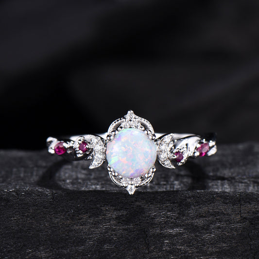 Vintage White Opal Ring | Gothic Celestial Crescent Moon & Ruby Accent Design