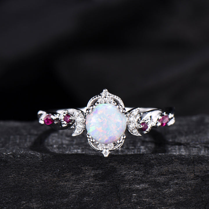 Vintage White Opal Ring | Gothic Celestial Crescent Moon & Ruby Accent Design