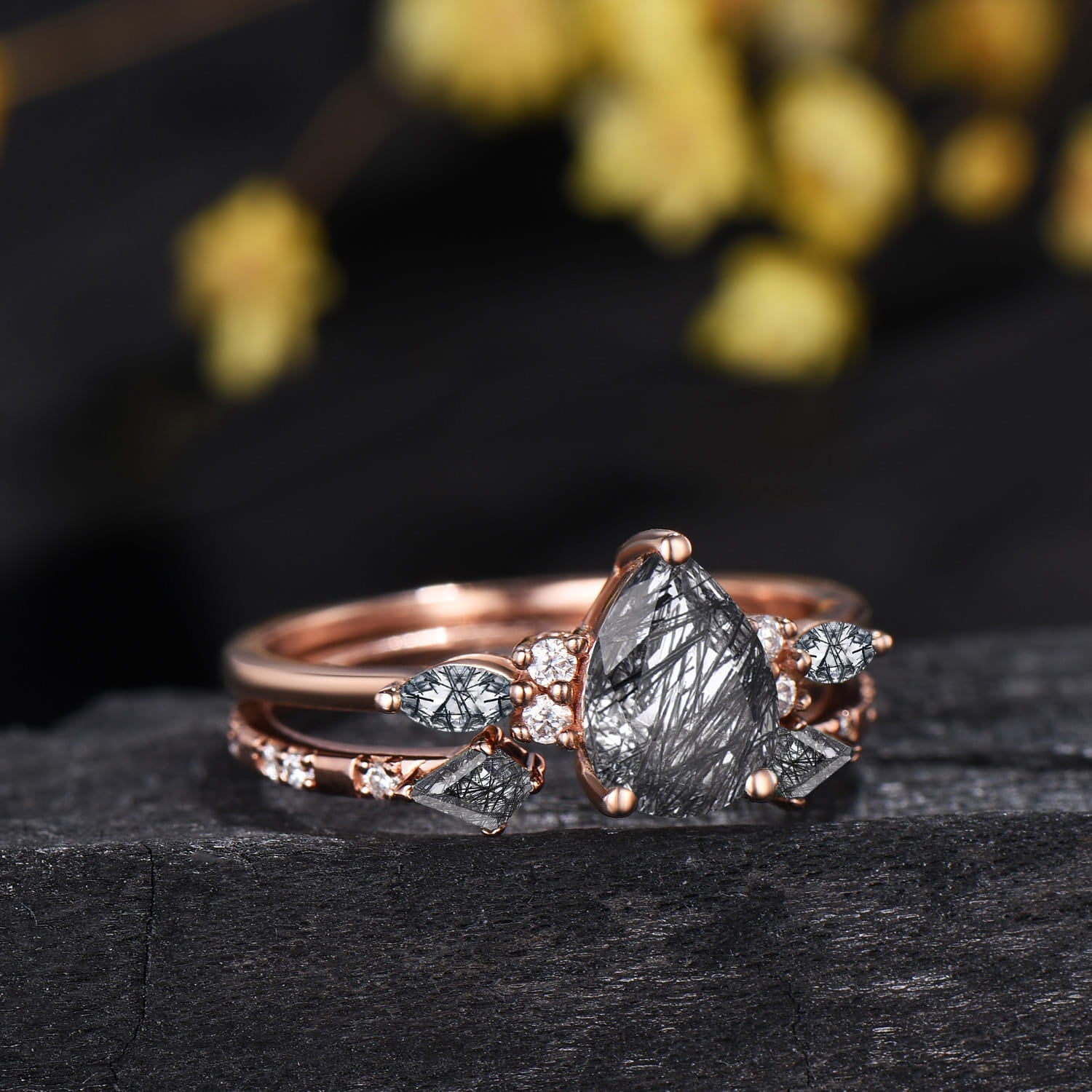 Vintage 1.25CT Pear Shaped Natural Black Rutilated Quartz Bridal Ring Set