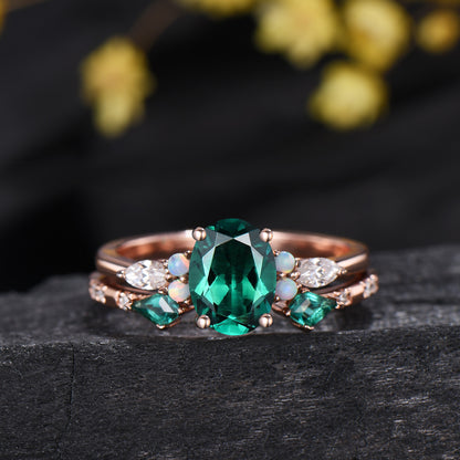 1.5ct Oval Cut Emerald Engagement Ring Set 14K Rose Gold Green Wedding Ring Opal Moissanite Bridal Set Unique Anniversary Gift for Women