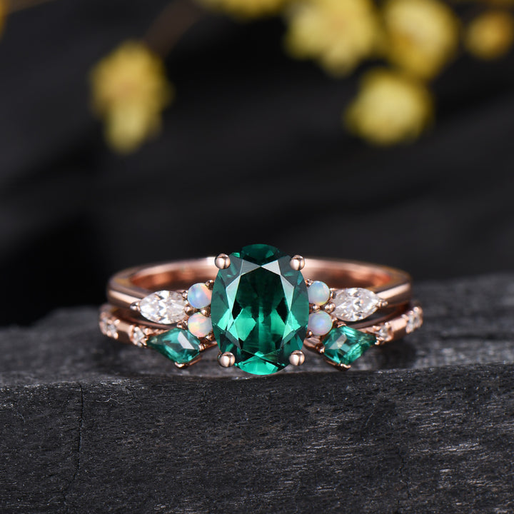 1.5ct Oval Cut Emerald Engagement Ring Set 14K Rose Gold Green Wedding Ring Opal Moissanite Bridal Set Unique Anniversary Gift for Women
