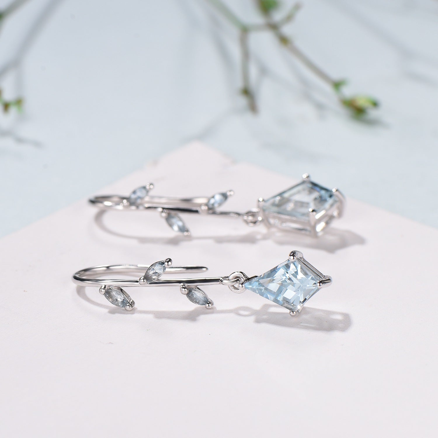 Kite Cut Aquamarine 14k White Gold Earrings, Brnach Vine, March Birthstone - PENFINE