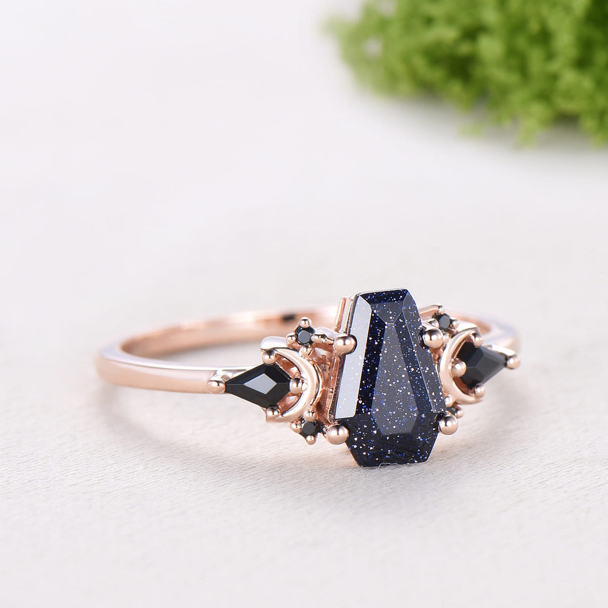 Coffin Blue Sandstone Ring, Kite Black Spinel, Rose Gold Wedding Band