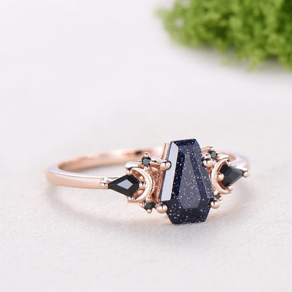 Coffin Blue Sandstone Ring, Kite Black Spinel, Rose Gold Wedding Band