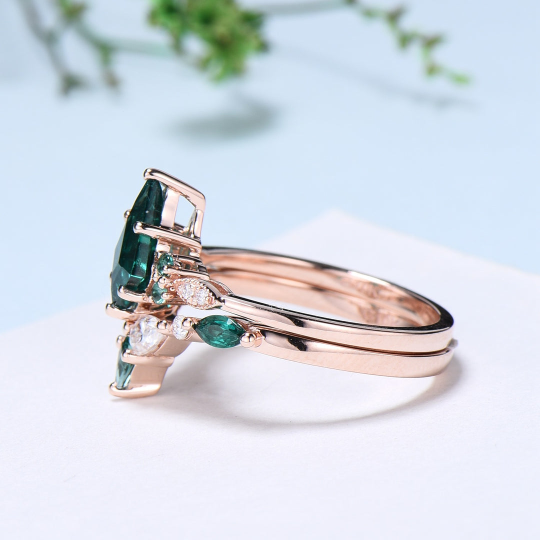 Vintage Kite Cut Emerald Ring For Women Silver Rose Gold Unique Lab Emerald Engagement Ring Art Deco Marquise Milgrain Wedding Ring Set - PENFINE