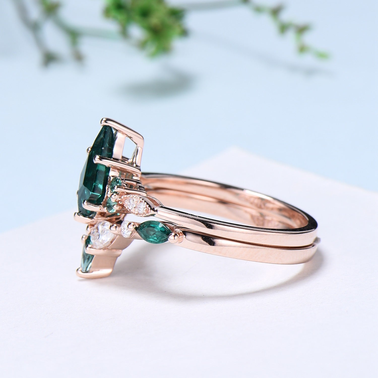 Vintage Kite Cut Emerald Ring For Women Silver Rose Gold Unique Lab Emerald Engagement Ring Art Deco Marquise Milgrain Wedding Ring Set - PENFINE
