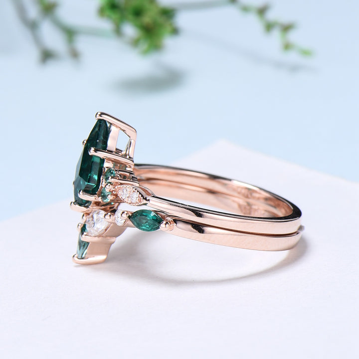 Vintage Kite Cut Emerald Ring For Women Silver Rose Gold Unique Lab Emerald Engagement Ring Art Deco Marquise Milgrain Wedding Ring Set - PENFINE