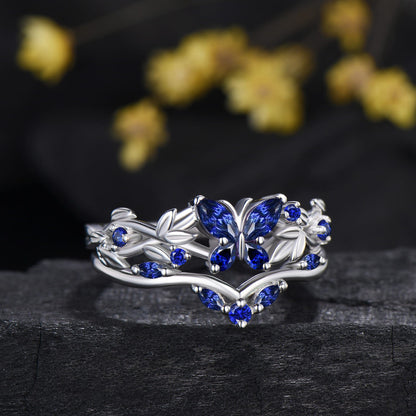 Blue Sapphire Butterfly Bridal Ring Set Leaf Twisted White Gold Engagement Ring