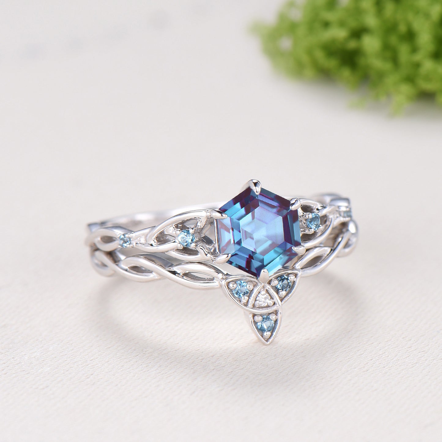 Norse Viking Hexagon Cut Alexandrite Engagement Ring Set Celtic Love Knot Swiss Topaz Band Unique Wedding Ring Set Promise Gifts Women
