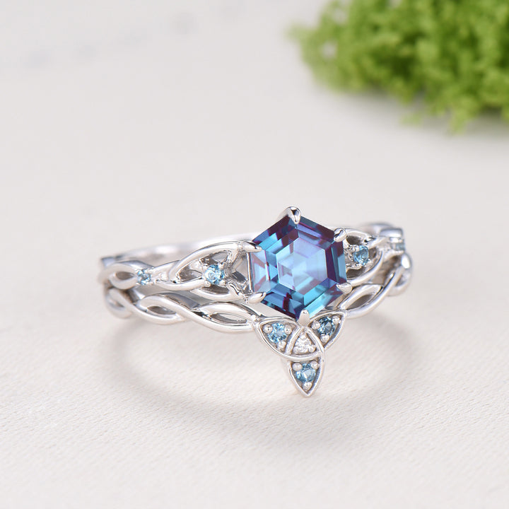 Norse Viking Hexagon Cut Alexandrite Engagement Ring Set Celtic Love Knot Swiss Topaz Band Unique Wedding Ring Set Promise Gifts Women