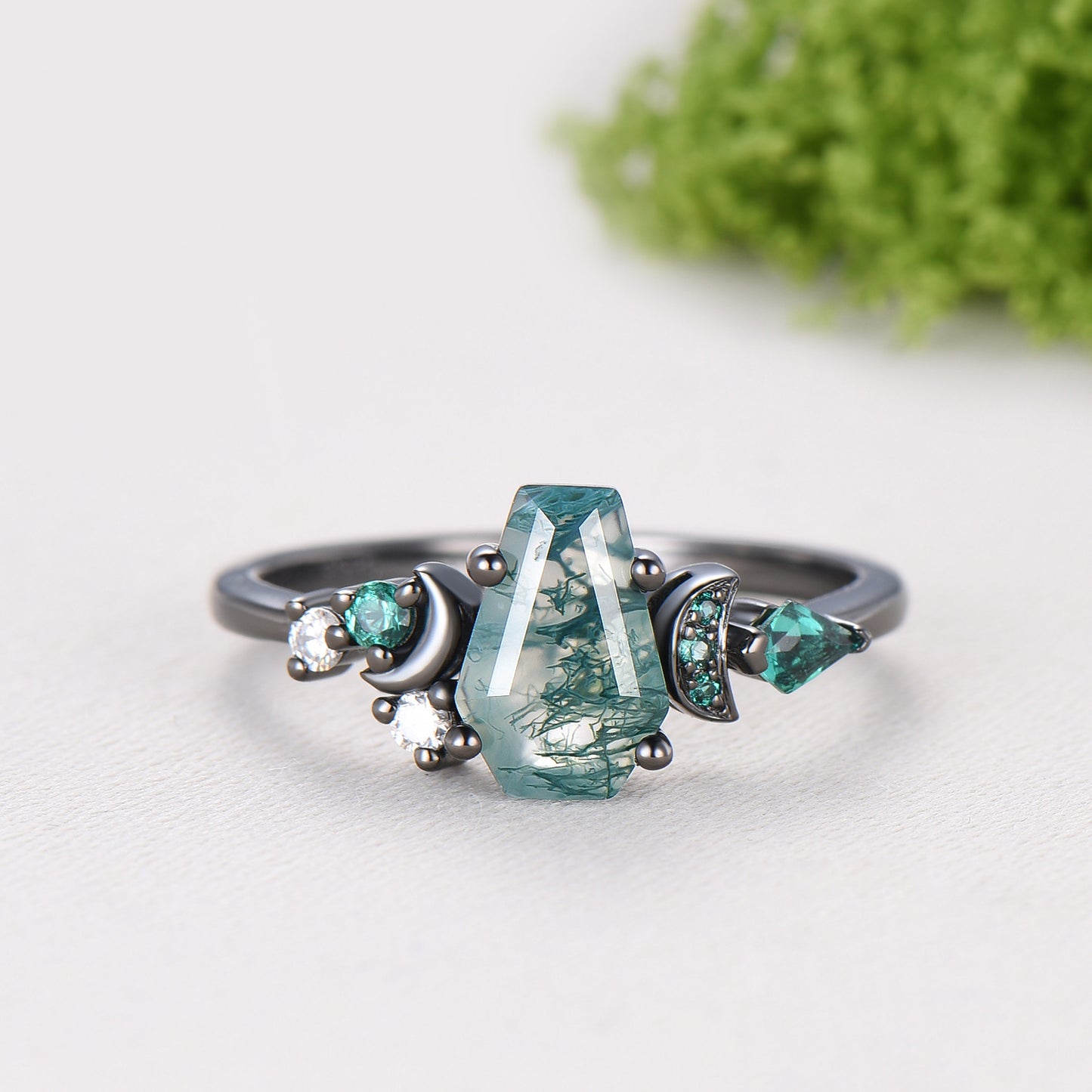 Coffin cut moss agate ring Black gold gothic engagement ring moon design cluster emerald wedding ring unique anniversary promise ring women