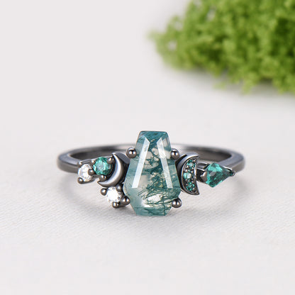Coffin cut moss agate ring Black gold gothic engagement ring moon design cluster emerald wedding ring unique anniversary promise ring women