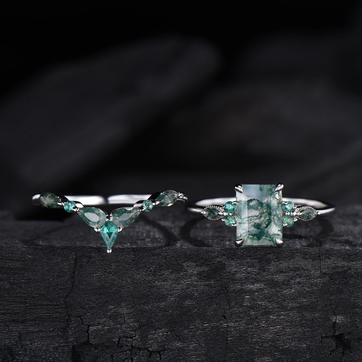 Unique Emerald Cut Natural Moss Agate Engagement Ring Set Seven Stone Green Gemstone Wedding Ring Set 14K Rose Gold Emerald Bridal Set Women - PENFINE