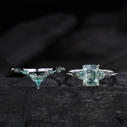 Unique Emerald Cut Natural Moss Agate Engagement Ring Set Seven Stone Green Gemstone Wedding Ring Set 14K Rose Gold Emerald Bridal Set Women - PENFINE