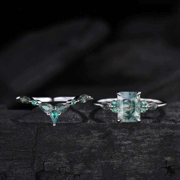 Unique Emerald Cut Natural Moss Agate Engagement Ring Set Seven Stone Green Gemstone Wedding Ring Set 14K Rose Gold Emerald Bridal Set Women - PENFINE