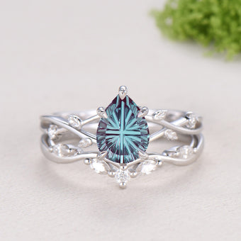 Pear Cut Starburst Alexandrite Engagement Ring Set | Twig Vine Color Change Stone Wedding Set
