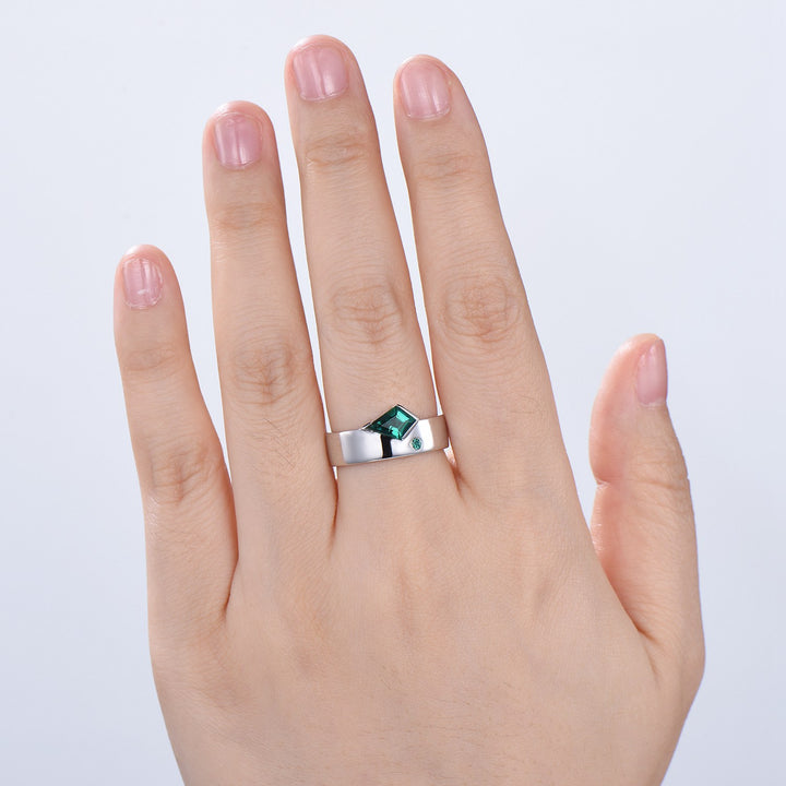 One Of a Kind Emerald Wedding Band For Men Unique Kite Cut Emerald Men's Wedding Ring 6mm Stacking Anniversary Matching Band Christmas Gift - PENFINE