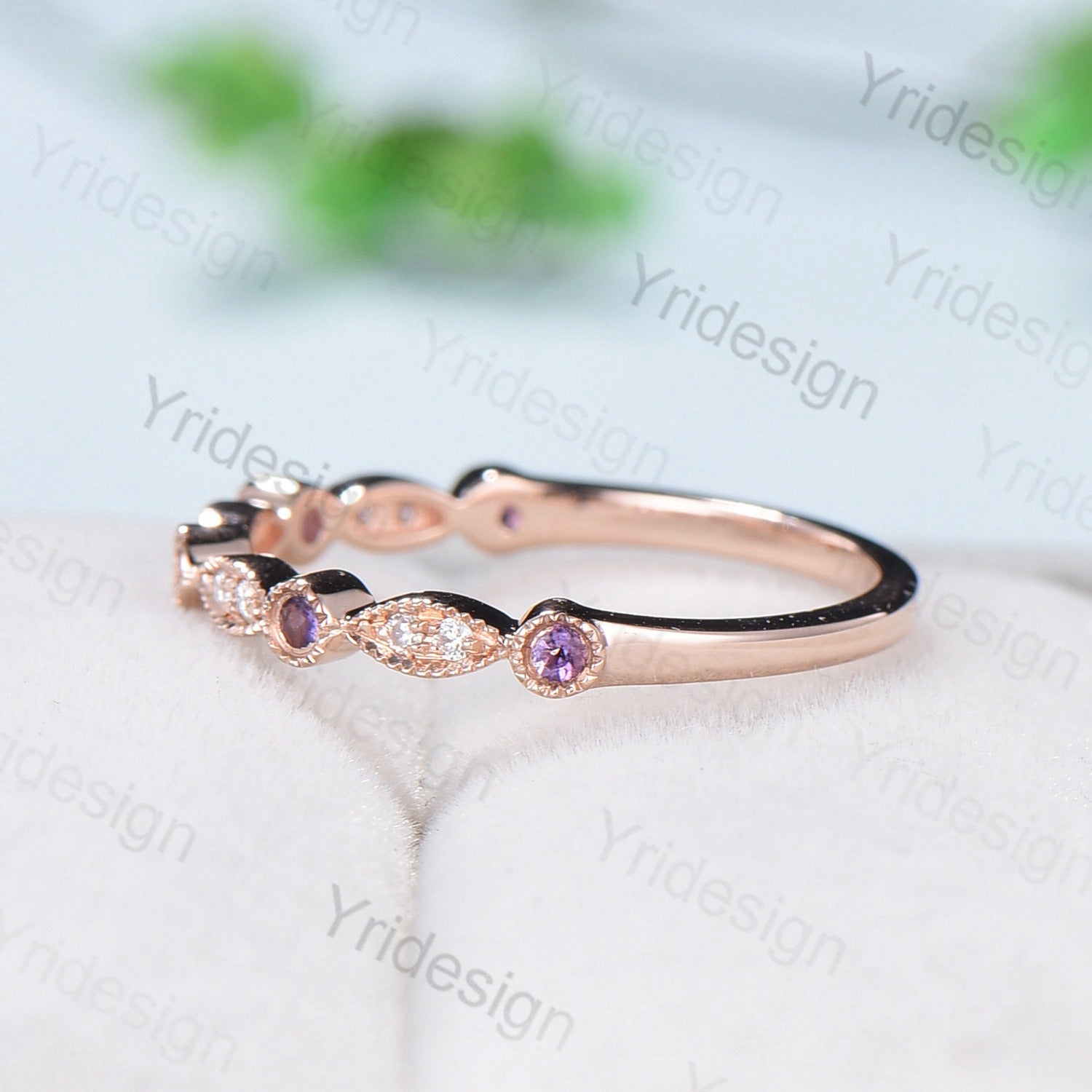 Luxe Tiara Half Eternity Amethyst And Diamond Wedding Band- Art Deco - PENFINE