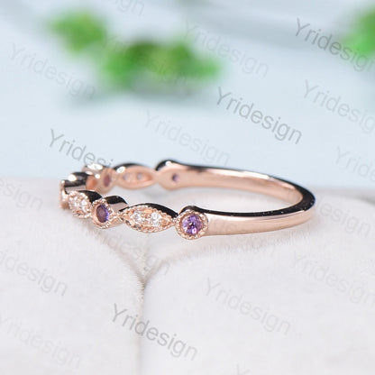 Luxe Tiara Half Eternity Amethyst And Diamond Wedding Band- Art Deco - PENFINE