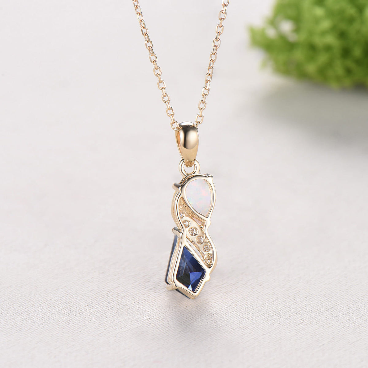 Unique Opal Sapphire Necklace Pendant Women Alternative Moissanite Pear Shaped Opal & Kite Blue Sapphire