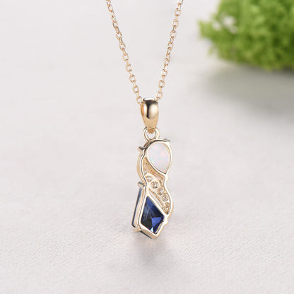 Unique Opal Sapphire Necklace Pendant Women Alternative Moissanite Pear Shaped Opal & Kite Blue Sapphire