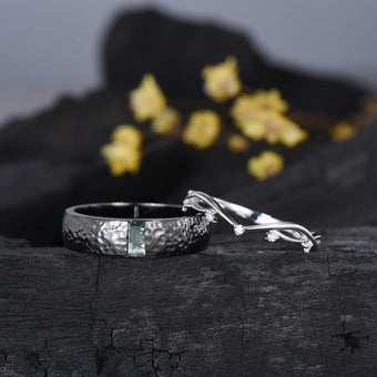 Couples Ring Set 5mm Moss Agate Hammer Men's Wedding Ring Moissanite Curved Band