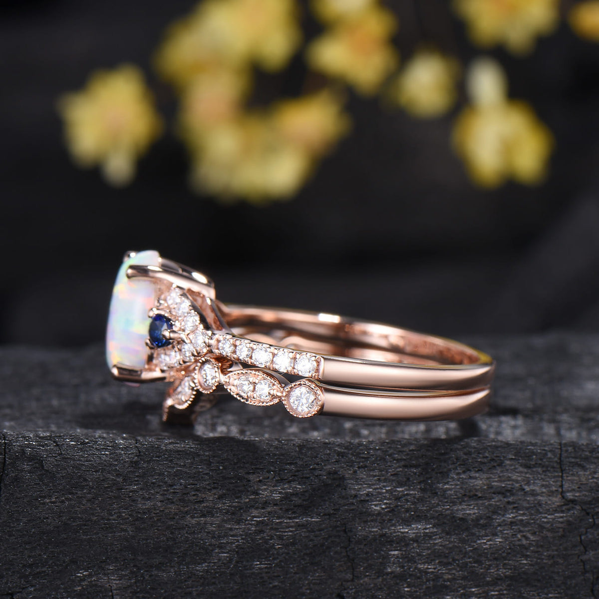 1.5CT Vintage Oval Fire White Opal Engagement Ring: Cluster Blue Sapphire Art Deco Band