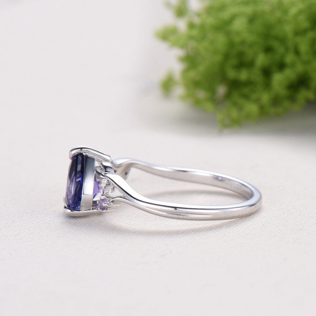 Vintage Pear Shaped Purple Sapphire Engagement Ring, Nature Inspired Leaf Twig Gold Ring, Accent Amethyst Split Shank Anniversary Ring - PENFINE