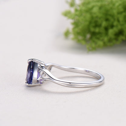 Vintage Pear Shaped Purple Sapphire Engagement Ring, Nature Inspired Leaf Twig Gold Ring, Accent Amethyst Split Shank Anniversary Ring - PENFINE