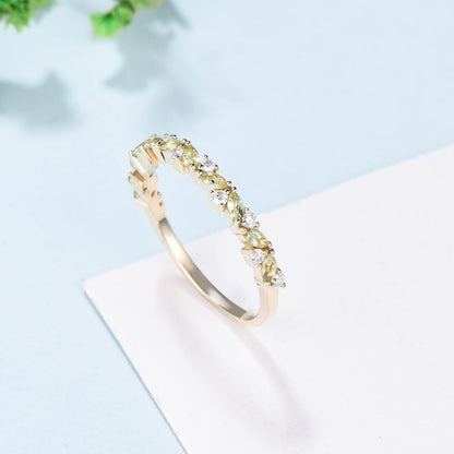 Vintage Peridot Wedding Band, Marquise cut White gold wedding ring, Unique peridot Stacking matching ring Bridal ring, Anniversary band ring - PENFINE