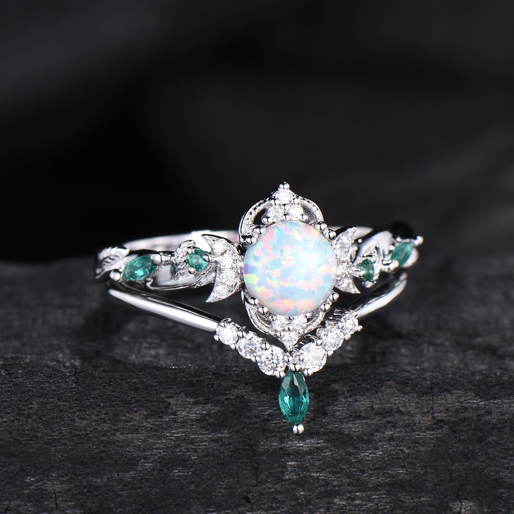 Vintage White Opal Engagement Ring Set Unique Leaves Nature Inspired Emerald Wedding Ring Set Art Deco Green Crystal Moissanite Bridal Set - PENFINE